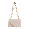 Chic beige woven texture flap shoulder bag with gold chain strap and metal trim details - White