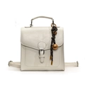 White faux leather 2-way backpack and handbag with a brown woven bell charm pendant - With Pendant / White