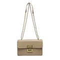 Chic beige crossbody bag with gold geometric lock and chain strap on white background - Khaki