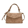 Vintage-Umhängetasche mit Koi- und Lotus-Prägung aus beigefarbenem Leder für Damen - Khaki