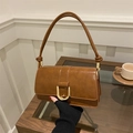 Brown rectangular baguette bag in oily PU leather with golden D-ring buckle - Brown