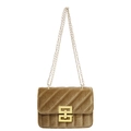 Borsa a tracolla in velluto trapuntato marrone con catena dorata e fibbia geometrica - Cachi