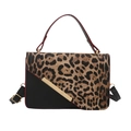Chic leopard print and black leather square bag with gold metal trim and strap - Brown