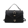 Black leather handbag with gold horseshoe buckle and adjustable shoulder strap - Black