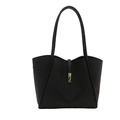 Large black matte leather tote bag with gold geometric buckle and double shoulder straps - Black