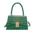 Grüne Trapez-Handtasche mit goldener Krokodilprägung am Deckel und elegantem Metallschloss - Grün