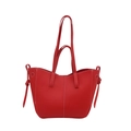 Red lychee pattern leather tote bag with white contrast stitching and knotted details - Red
