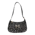 Winter leopard print baguette shoulder bag with silver metallic bow on white background - Leopard Black