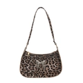 Retro leopard print shoulder bag featuring a metallic silver bow and Y2K aesthetic - Leopard Khaki