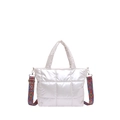 Silver puffer tote bag with quilted padding and colorful geometric woven straps - White