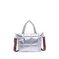 Silver quilted tote bag with shiny finish and a vibrant geometric pattern shoulder strap - Silver