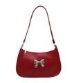 Retro red shoulder bag with metallic bow detail and wrinkled PU leather texture - Red