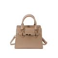 Elegante apricotfarbene Tragetasche aus Kunstleder mit Goldschnalle und Gurt - Khaki