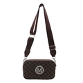 Retro messenger camera bag with M-letter monogram print and metal logo on white background - Brown