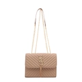 Elegante beige gesteppte Umhängetasche mit goldener V-Naht, Quaste und Kettenriemen - Khaki