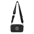 Black crossbody camera bag with grey M-letter print and silver round metal logo - Black
