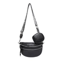 Black pebbled leather crossbody bag with geometric strap and mini round pouch attachment - Black