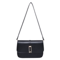 Classic black leather square crossbody bag with a minimalist gold metal lock on white background - Black