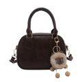 Dark brown PU leather Boston handbag with plush charm and detachable shoulder strap - Single Bag (No Pendant) / Brown