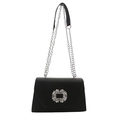 Elegant black flap shoulder bag with a square rhinestone buckle and silver chain strap - Black