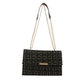 Classic black tweed crossbody bag with gold chain strap and plaid texture for women - Black