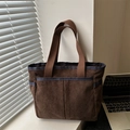 Brown corduroy tote bag with blue trim and side pockets for casual daily commute - Brown