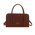 Brown corduroy rectangular handbag with leather handles and front leather patch detail - Brown