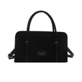 Minimalist black corduroy rectangular shoulder bag with leather trim and adjustable strap - Black