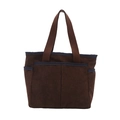 Retro dark brown corduroy tote bag with multiple pockets and navy blue trim detail - Brown