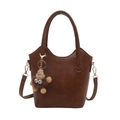Braune Vintage-Eimertasche aus Leder mit Tragegriff und süßem Plüschmonster-Anhänger - Nur Tasche / Braun