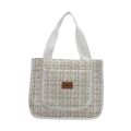Sac cabas minimaliste en tweed beige avec fils dorés et sangles tissées blanches pour femme - Blanc