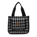 Sac fourre-tout à carreaux noir et blanc en laine avec patch en cuir marron - Grille Noire