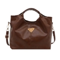 Bolso tote de cuero encerado marrón oscuro con placa dorada y correa ajustable - Sin colgante / Marrón