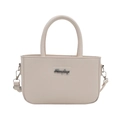 Minimalistische cremefarbene Lederhandtasche mit Griffen und silbernem Logo - Weiß