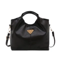 Bolso tote vintage de cuero encerado negro de gran capacidad con logo triangular dorado - Sin colgante / café