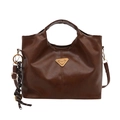 Dark brown faux leather bucket bag with top handle and metallic triangle detail - Single Bag / Brown