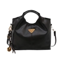 Chic black PU leather bucket bag with metallic logo and woven bell pendant detail - Single Bag / Brown