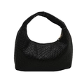 Bolso hobo moderno de cuero trenzado negro con cremallera dorada para mujer elegante - Negro