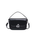 Classic black leather saddle handbag with silver heart buckle and adjustable shoulder strap - Black