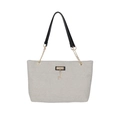 Minimalistische hellgraue Canvas-Tasche mit schwarzen Griffen und goldenem Anhänger - Schwarz