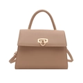 Elegant beige leather top handle bag with golden buckle and adjustable strap - Khaki