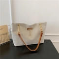 Grand cabas en toile beige avec bandoulière en cuir brun et pendentif cerf doré - Marron