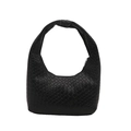 Minimalist black woven hobo shoulder bag with textured faux leather checkered pattern - Black