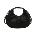 Minimalistische schwarze geflochtene Halbmond-Tasche mit goldenen Details und Riemen - Schwarz