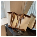 Borsa tote minimalista in tela beige e pelle marrone con elegante fibbia in metallo - Marrone
