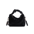 Chic black fuzzy plush handbag with glossy leather handles and a detachable shoulder strap - Black