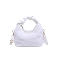 Chic white fuzzy plush handbag with pleated leather handle and gold chain strap - White