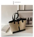 Borsa tote in tela beige con finiture in pelle nera e chiusura in metallo oro - Nero