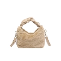 Furry plush handbag with scrunchie leather handle and adjustable shoulder strap in apricot - Khaki