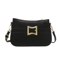 Black quilted crossbody bag with gold buckle and leather strap on white background - Black